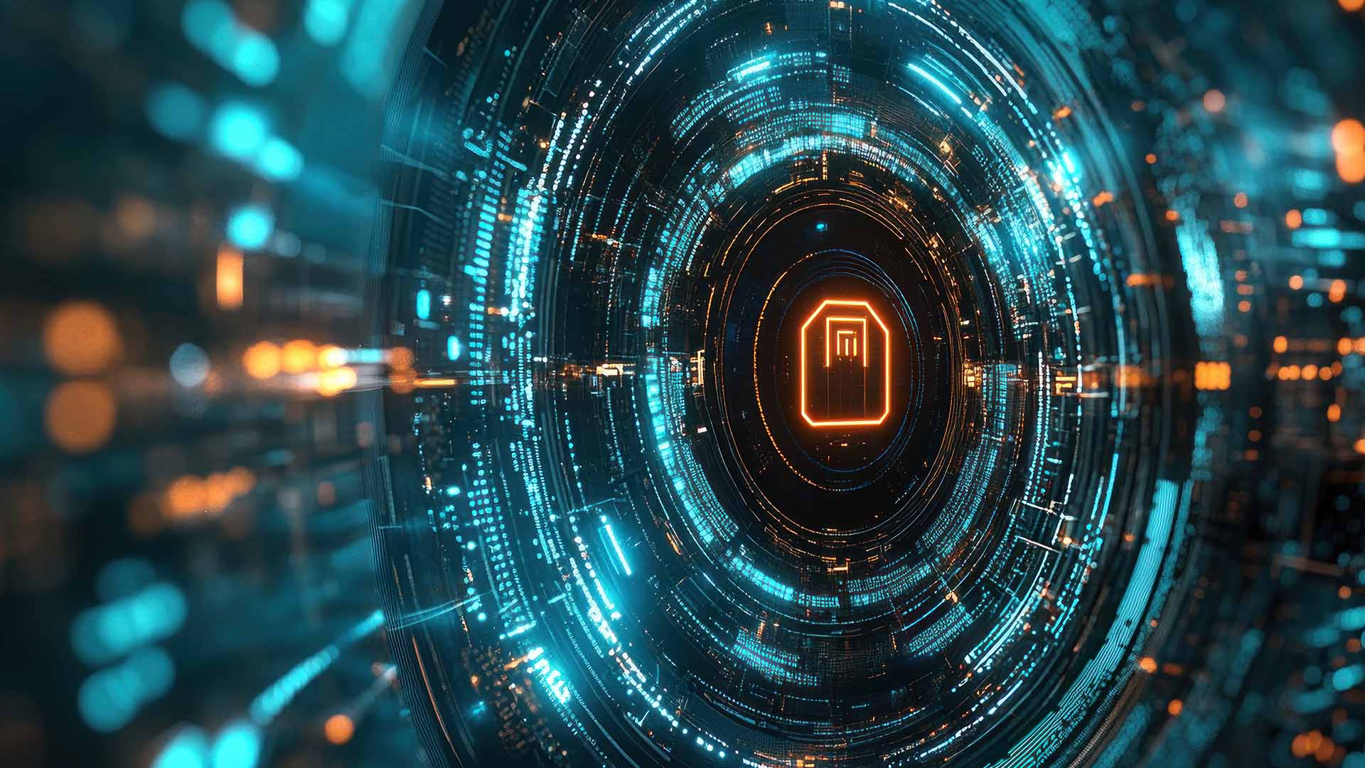 Digitales Kreis-Symbol mit orangefarbenem Schloss-Icon, futuristisch blau leuchtend