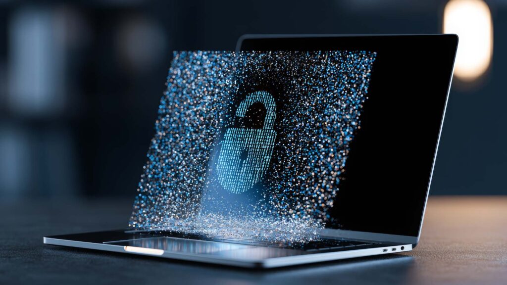 Laptop steht auf dem Schreibtisch auf dem Display ist ein großes futuristisches Sicherheitsschloss