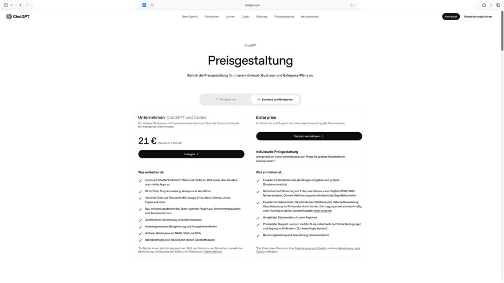 ChatGPT-Preisseite mit den Plänen “Unternehmen” für 21 € pro Nutzer:in und Monat und “Enterprise” mit individueller Preisgestaltung über den Vertrieb.
