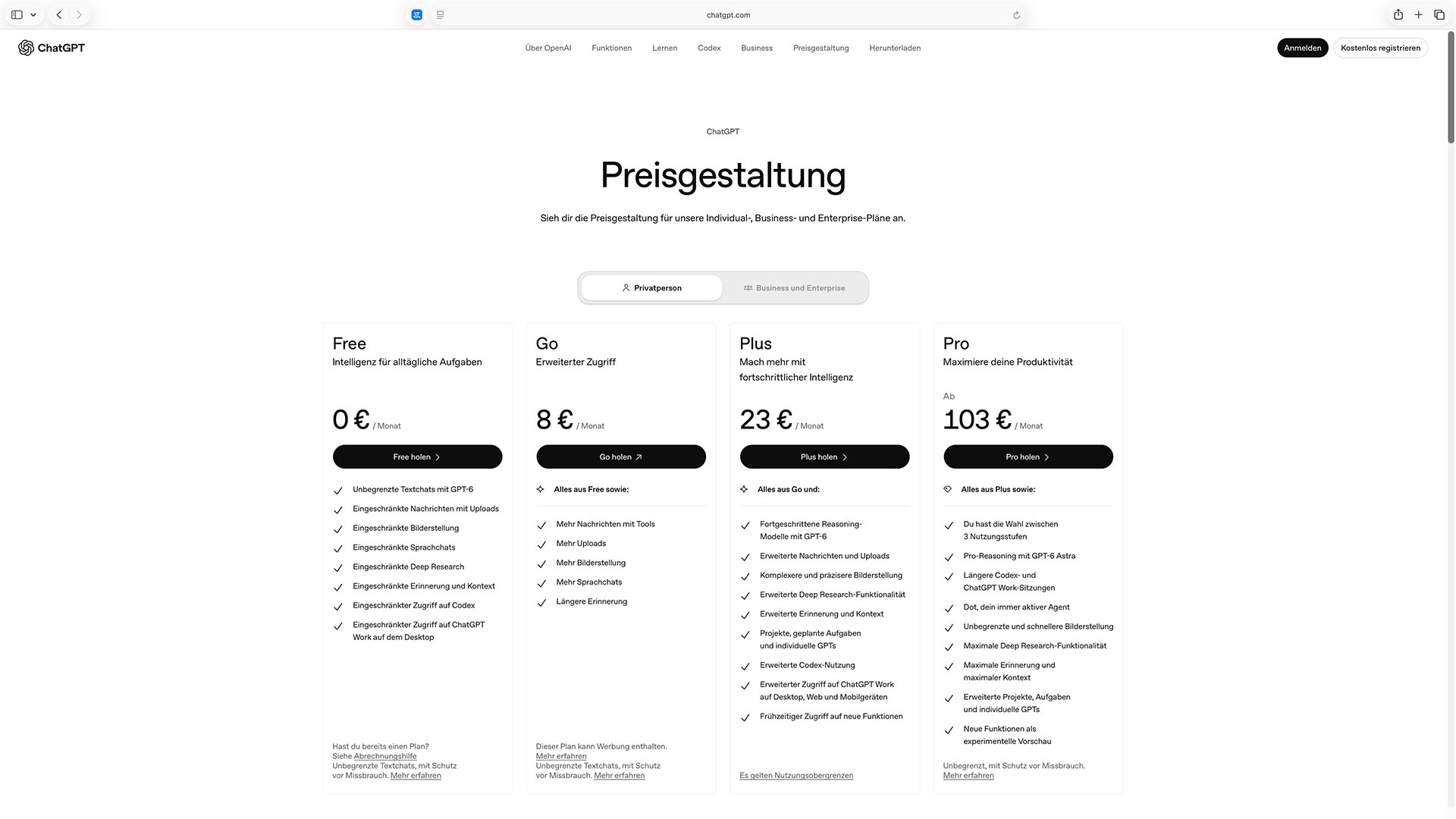 ChatGPT-Preisseite mit den Plänen Free (0 €), Go (8 €), Plus (23 €) und Pro (ab 103 €) pro Monat.